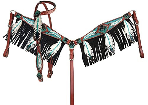 Showman Leather Headstall & Breast Collar Set w/ Teal Cut-Out Feather Design