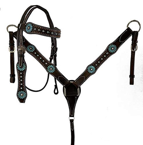 Showman Large Pony/Small Horse Headstall & Breast Collar Set w/ Turquoise Flowers