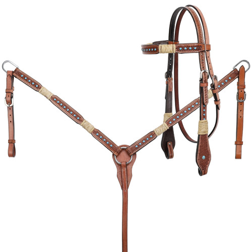 Showman Rawhide Braided Basketweave Tooled Headstall & Breast Collar Set w/ Turquoise Studs
