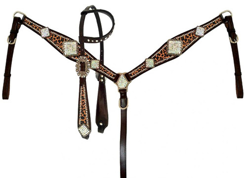 Showman Leather Headstall & Breast Collar Set w/ Cheetah Print