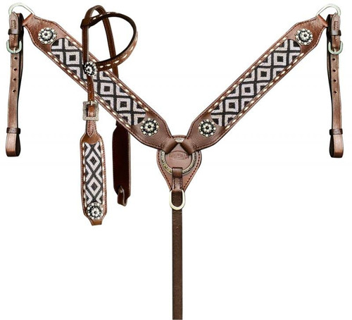 Showman Headstall & Breast Collar Set w/ Black & White Southwest Woven Fabric Inlay