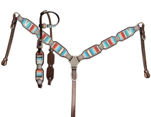 Showman Southwest Serape Print Single Ear Leather Headstall & Breast Collar Set