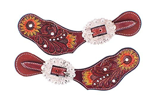 Showman Ladies Hand Painted Sunflower Leather Spur Straps w/ Floral Tooling