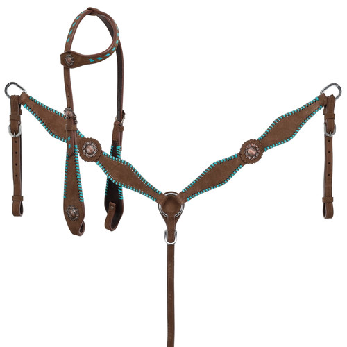 Showman Single Ear Chocolate Roughout Leather Headstall & Breast Collar Set w/ Teal Lacing