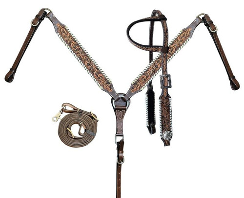 Showman Two-Tone Floral Tooled Leather Headstall & Breast Collar Set w/ Rawhide Lacing