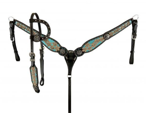 Showman Leather Headstall & Breast Collar Set w/ Tooled Flowers & Blue Glitter Inlay