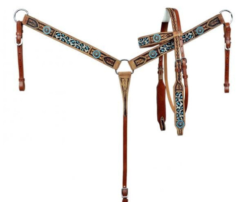 Showman Turquoise Beaded Cheetah Design Leather Headstall & Breast Collar Set