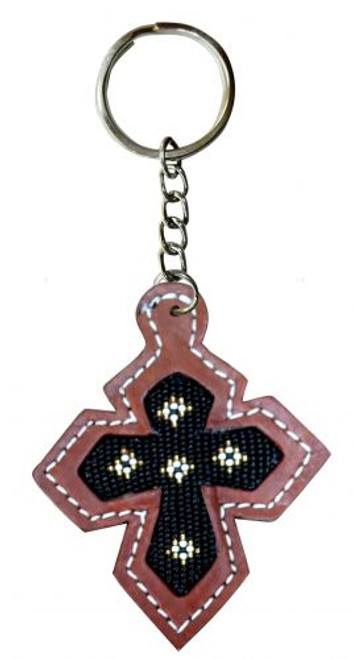 Showman Leather Cross Keychain w/ Black Beaded Inlay