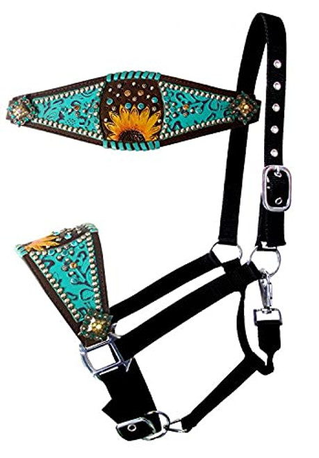 Showman Bronc Halter w/ Painted Tooled Sunflower & Teal Filigree Inlay