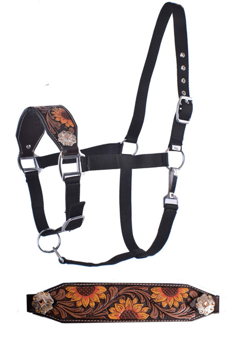 Showman Adjustable Nylon Bronc Halter w/ Hand Painted Sunflower Leather Noseband