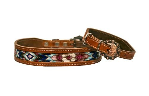 Showman Couture Genuine Leather Dog Collar w/ Turquoise, Pink & Purple Beaded Inlay