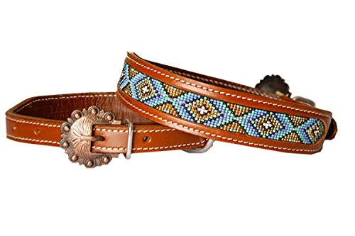Showman Couture Genuine Leather Dog Collar w/ Periwinkle, Gold & Mint Beaded Inlay