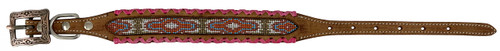 Showman Couture Leather Dog Collar w/ Navajo Beaded Inlay & Pink Rawhide Lacing