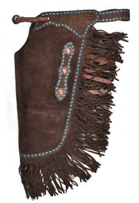 Showman Dark Brown Suede Leather Chinks w/ Turquoise Buckstitch