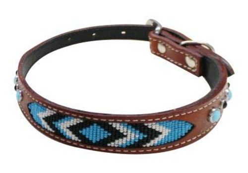 Showman Couture Genuine Leather Dog Collar w/ Beaded Turquoise Inlay