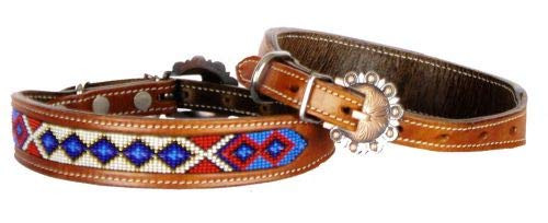 Showman Couture Genuine Leather Dog Collar w/ Red, White & Blue Beaded Inlay