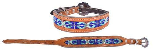 Showman Couture Genuine Leather Dog Collar w/ Royal Blue Beaded Inlay
