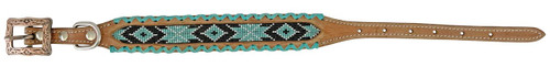 Showman Couture Leather Dog Collar w/ Beaded Inlay & Teal Rawhide