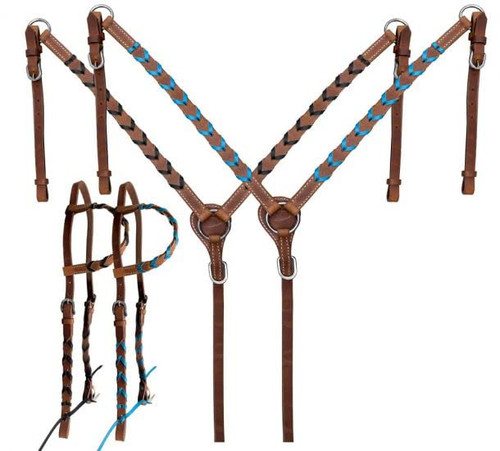 Showman Argentina Cow Harness Leather Headstall & Breast Collar Set w/ Colored Lacing