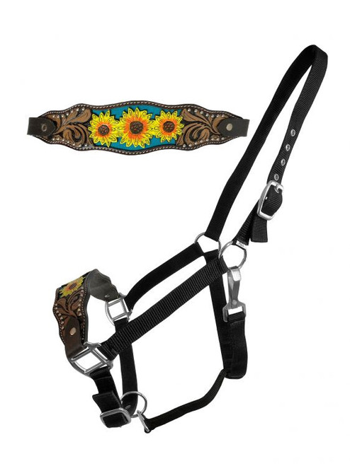 Showman Nylon Bronc Halter w/ Painted Sunflower Leather Noseband