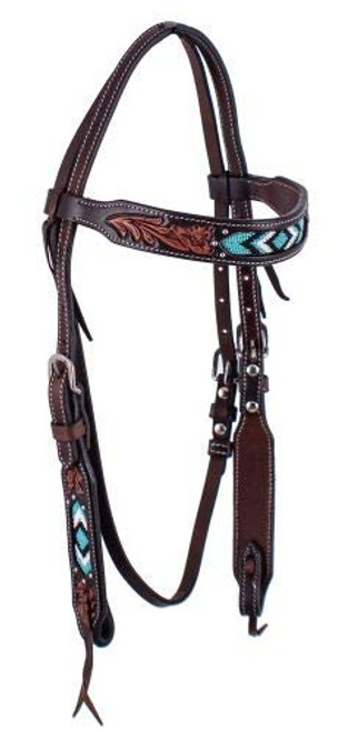 Showman Dark Brown Argentina Cow Leather Browband Headstall w/ Teal Beaded Inlays