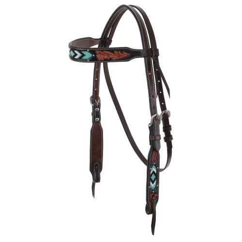 Showman Dark Brown Argentina Cow Leather Browband Headstall w/ Teal Beaded Inlays