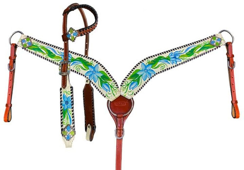 Showman Painted Blue Flower Single Ear Leather Headstall & Breast Collar Set