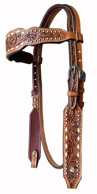 Showman Floral Tooled Browband Leather Headstall w/ Buckstitch Trim