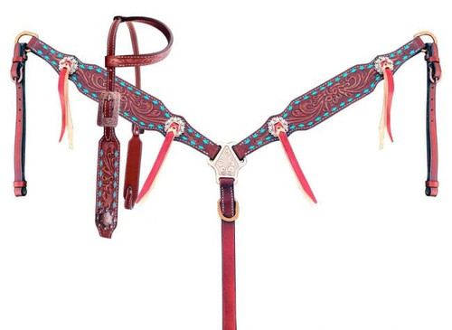 Showman Single Ear Leather Headstall & Breast Collar Set w/ Teal Rawhide Buckstitch