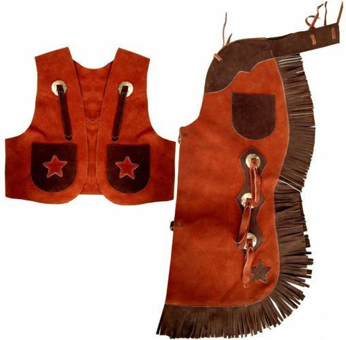 Showman Two Tone Brown Kid's Suede Leather Chaps & Vest Outfit w/Fringe