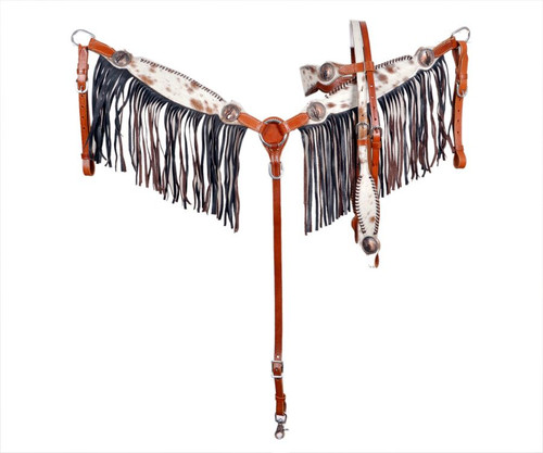 Showman Cowhide Overlay Browband Headstall & Breast Collar Set w/ Fringe