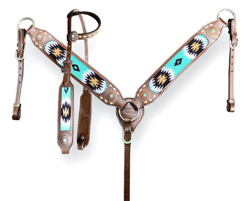 Showman Leather Headstall & Breast Collar Set w/ Wool Blanket Inlay & Buckstitch Trim