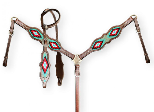 Showman Leather Headstall & Breast Collar Set w/ Wool Blanket Inlay & Scalloped Edges