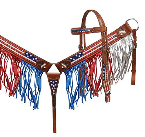Showman American Flag Painted Headstall & Breast Collar Set w/ Fringe & Reins
