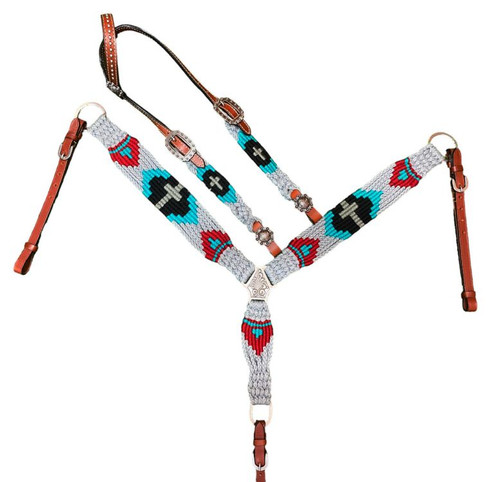 Showman Cross Design Corded Single Ear Headstall & Breast Collar Set