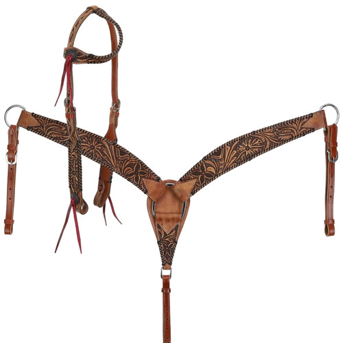 Showman Single Ear Leather Headstall & Breast Collar Set w/ Floral Tooling