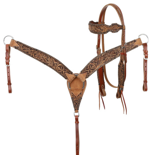 Showman Browband Leather Headstall & Breast Collar Set w/ Floral Tooling