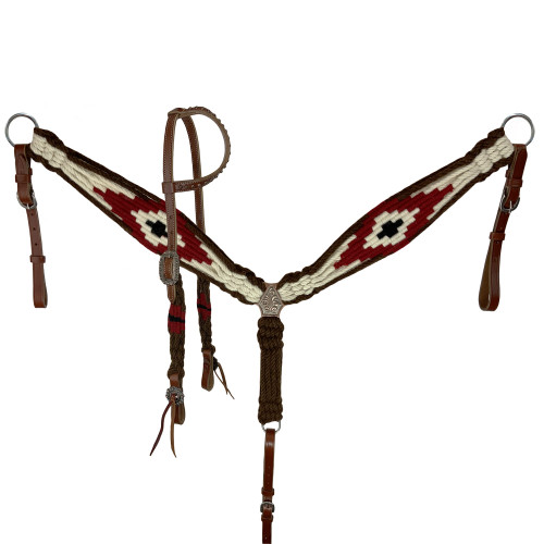 Showman Red, White & Brown Corded Single Ear Headstall & Breast Collar Set