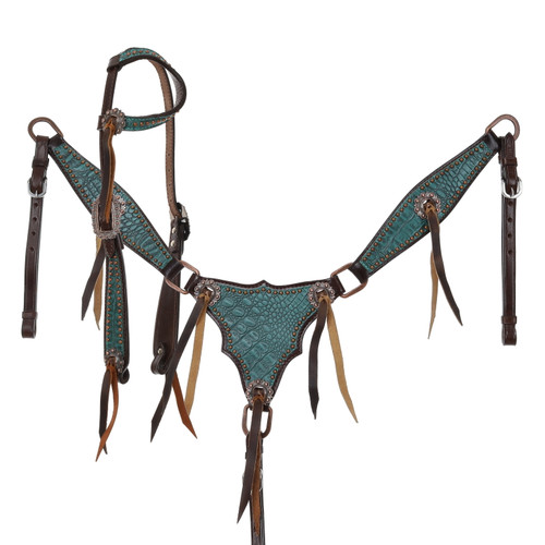 Showman Turquoise Gator Single Ear Leather Headstall & Breast Collar Set