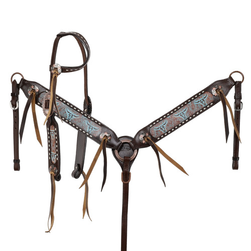 Showman Weathered Steer Traditional Single Ear Leather Headstall & Breast Collar Set