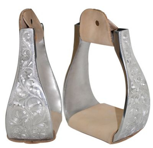 Showman Polished Aluminum Engraved Bell Stirrups w/ Leather Tread Showman Polished Aluminum Engraved Bell Stirrups w/ Leather Tread