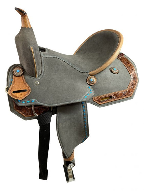 15" Double T Gray Suede Barrel Style Saddle w/ Teal Buckstitch