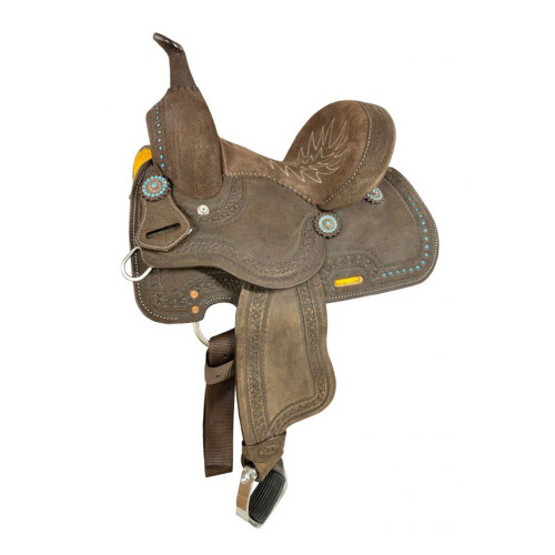 Double T Barrel Style Saddle w/ Teal Buckstitch Accents - 10 Inch