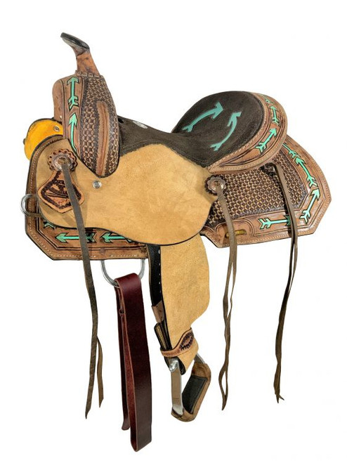 12" Double T Youth Hard Seat Western Saddle w/ Teal Arrow Accents 12" Double T Youth Hard Seat Western Saddle w/ Teal Arrow Accents