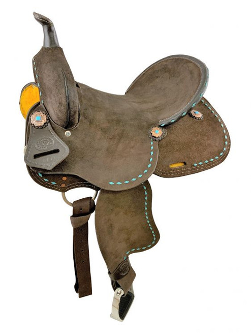 14", 15" Double T Barrel Style Saddle w/ Teal Buckstitch Accents