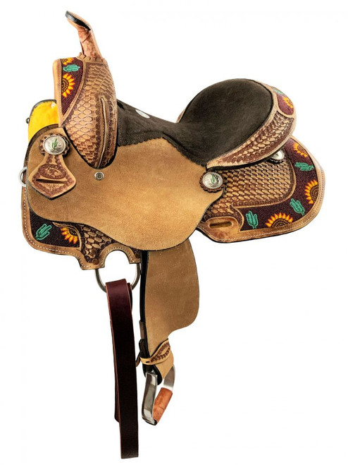 10" Double T Youth Hard Seat Barrel Style Saddle w/ Cactus & Sunflower Beaded Accents