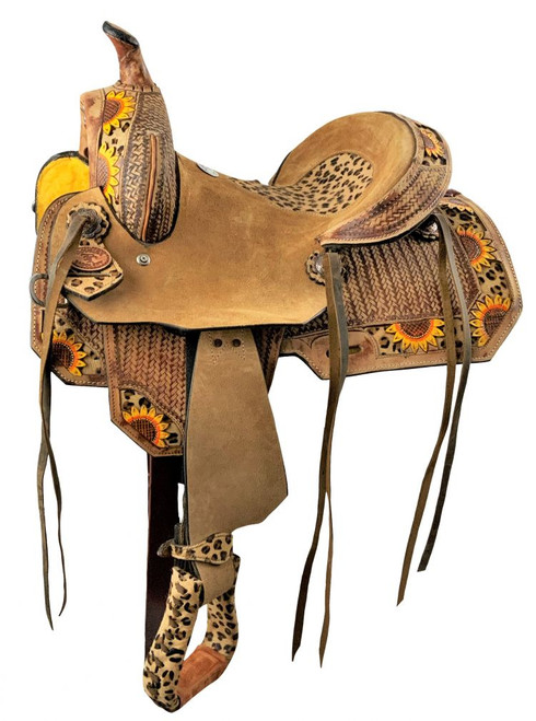 12" Double T Youth Hard Seat Barrel Style Saddle w/ Cheetah Seat & Sunflower Painted Accents