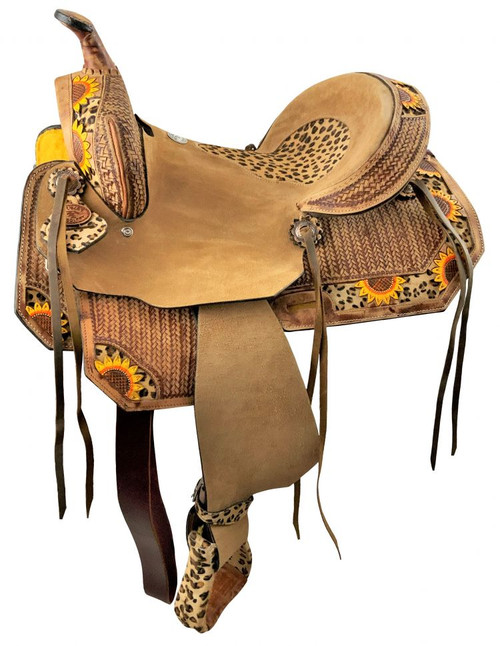 14", 15", 16" Double T Hard Seat Barrel Style Saddle w/ Cheetah Seat & Sunflower Painted Accents