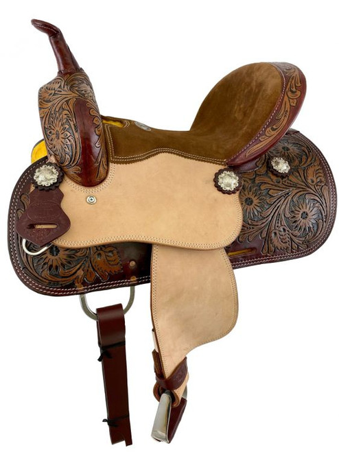 12" Double T Suede Seat Barrel Style Saddle w/ Floral Tooling 12" Double T Suede Seat Barrel Style Saddle w/ Floral Tooling