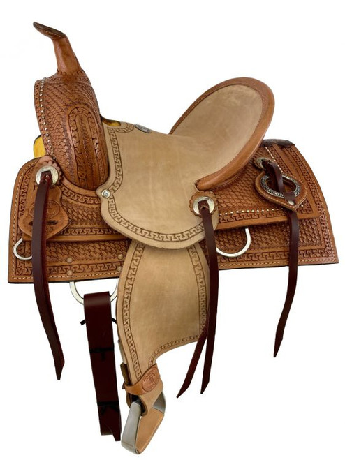 12" Double T Hard Seat Roping Style Saddle w/ Basket Stamp Tooling